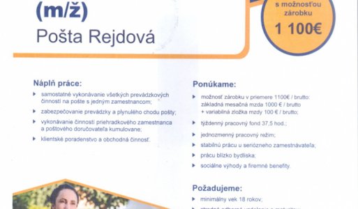 Aktuality / Pracovná ponuka  na pozíciu Poštmajstra v obci Rejdo